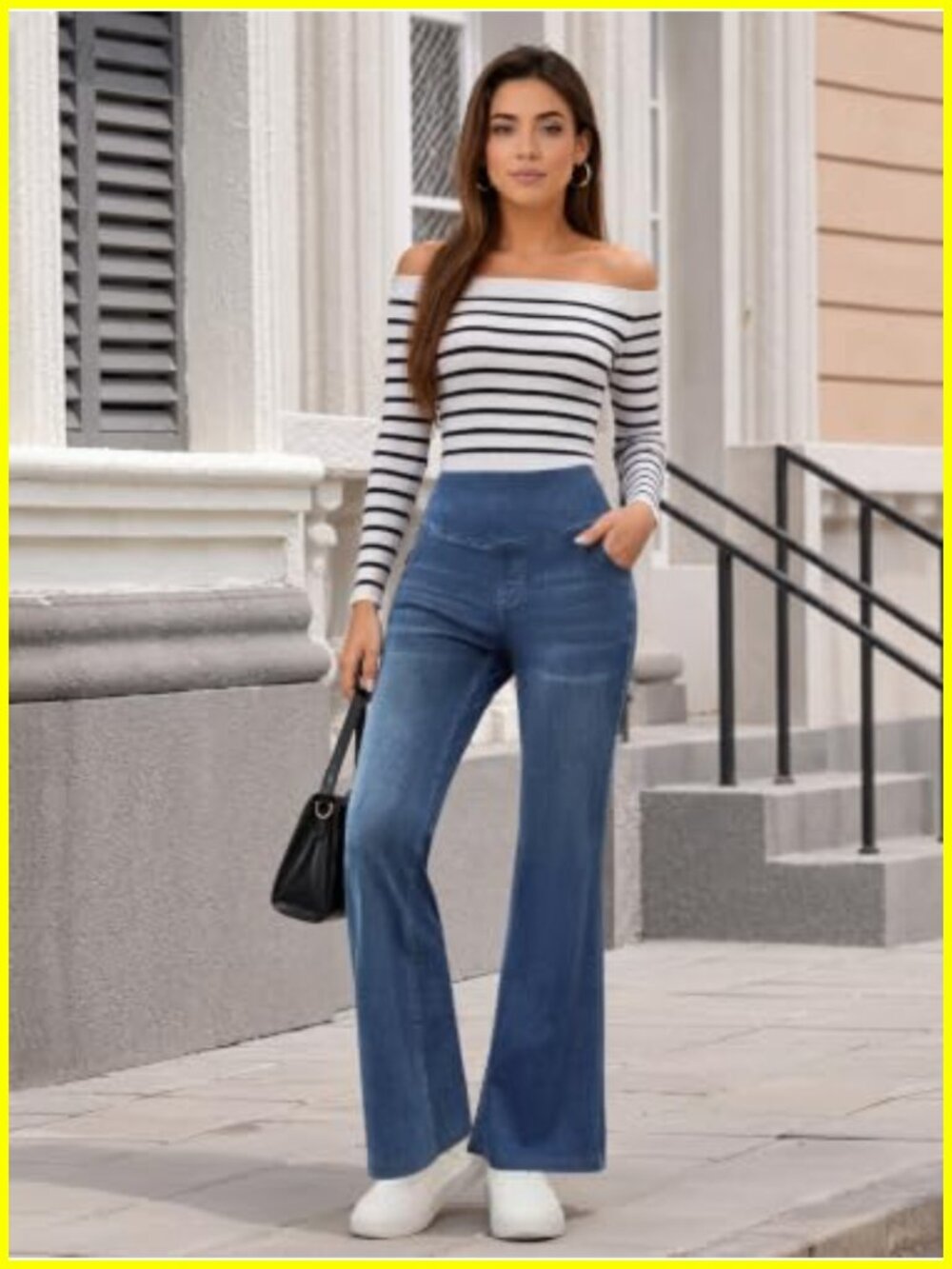 Stretchy Pull On Bootcut Jeans for Women High Rise Flared Denim with Pockets - Picture 2 of 4
